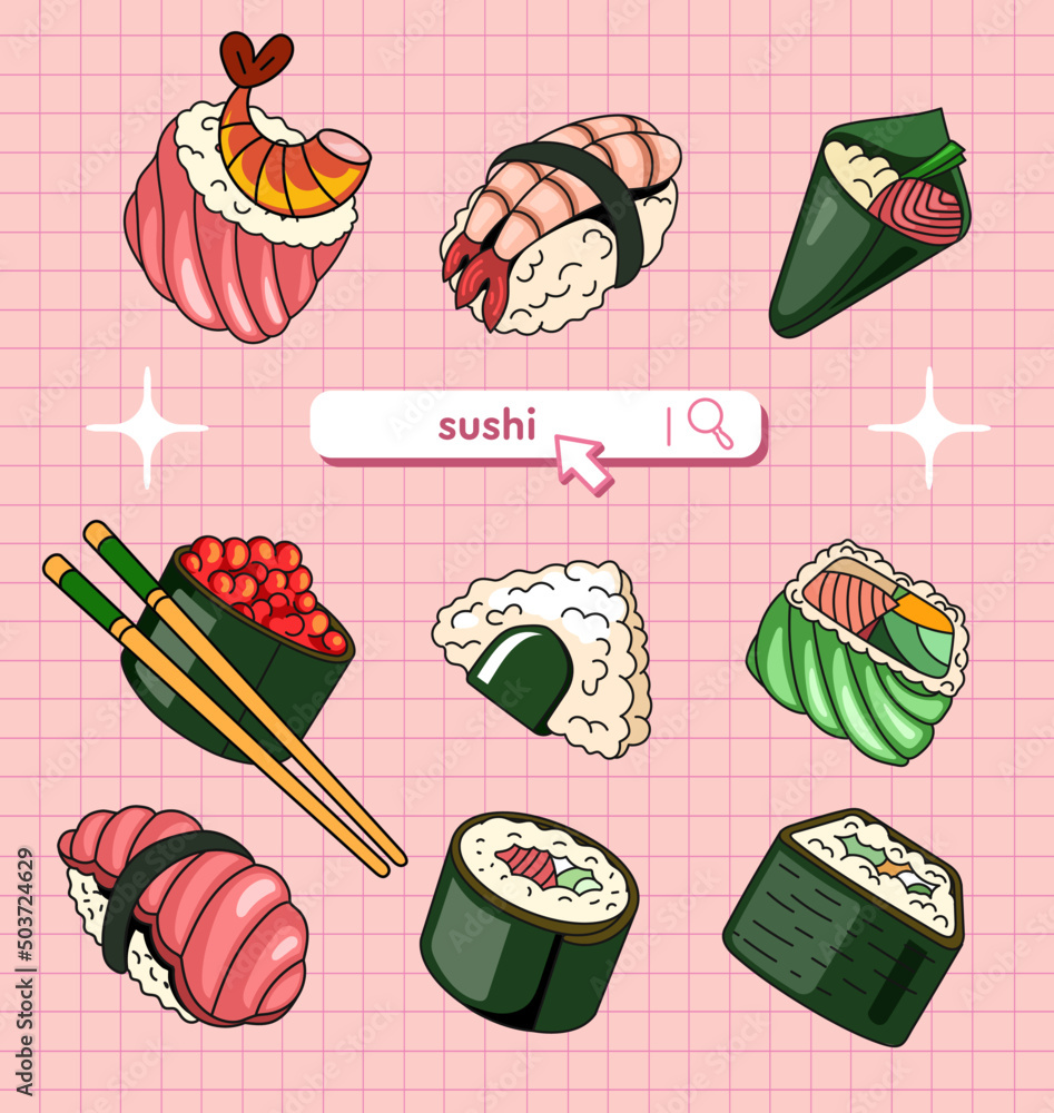 Hand-drawn vector illustration of a set of chopstick sushi rolls in retro style on a pale pink checkered background. 90s style search box. Use as decoration for Asian food menu, design for advertising - obrazy, fototapety, plakaty 