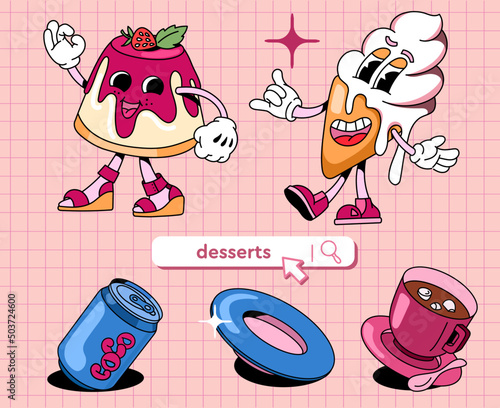 A set of cartoon characters with attributes of food and drinks on a pale pink background with a pattern. Appetising ice cream and panna cotta in retro style for your banners, menus, postcards.