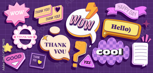 Vector set of text bubbles in retro style.With text elements on a dark purple background. Various shapes of bubbles with hipster patterns are suitable for designing banners, websites, presentations.