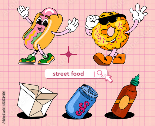A set of cartoon characters with attributes of food and drinks on a pale pink background with a pattern. Appetising ice cream and panna cotta in retro style for your banners, menus, postcards.