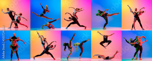 Two dancers, stylish sportive couple, male and female models dancing contemporary dance on colorful gradient background in neon light. Collage