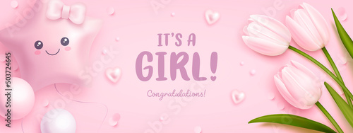 Baby shower horizontal banner with cartoon helium balloons and realistic tulips on pink background. It's a girl. Vector illustration
