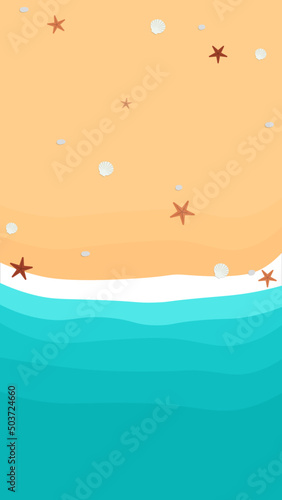 top view of sand with shells and starfish in flat icon design on beach background. vector cartoon illustration