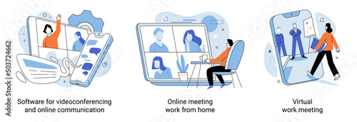 Software for videoconferencing and online communication, online meeting work from home, virtual work meeting set. People having conference call with business team, telecommuting, remote communicating