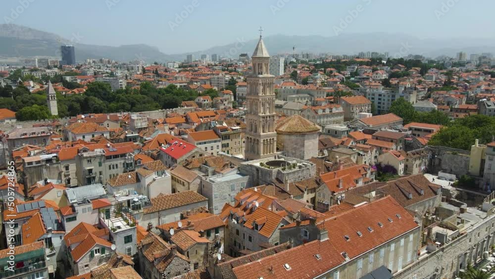 A an aerial picture of Split city centre showing Diocletian's Palace, the bell tower of the cathedral of St Domnius. Diocletian's palace view, Dalmatia, Croatia. A an aerial picture of Split city centre showing Diocletian's Palace, the bell tower of the cathedral of St Domnius. Diocletian's palace view, Dalmatia, Croatia.