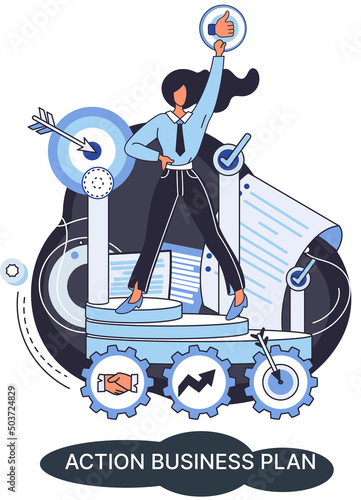 Action business plan, development strategies, foreseeing market risks. Company success secret, idea growing business achieve target metaphor, study production and sales market. Strategic biz planning
