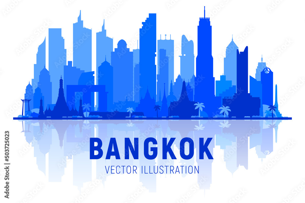 Fototapeta premium Bangkok ( Thailand ) skyline silhoutte with panorama in white background. Vector Illustration. Business travel and tourism concept with modern buildings.