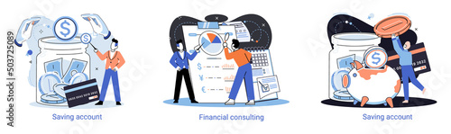 Saving account concept metaphor. People with coins and piggy bank. Accumulation of funds, wealth, passive income. Receiving interest from keeping money, safe future. Banking services, internet payment