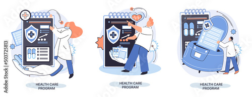 Health care program metaphor, online medical services, protection medicine. Medical insurance, hospital services, preventive check up, sick leave certificate treatment diagnosis patients, telemedicine