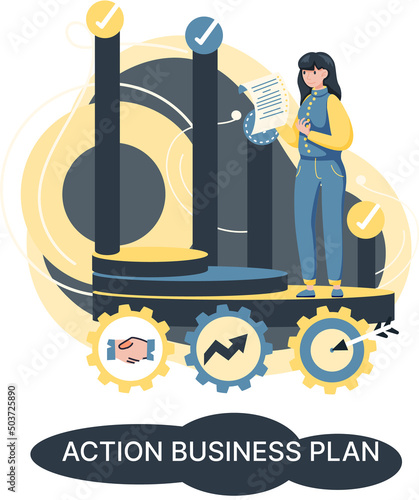 Action business plan, development strategies, foreseeing market risks. Company success secret, idea growing business achieve target metaphor, study production and sales market. Strategic biz planning