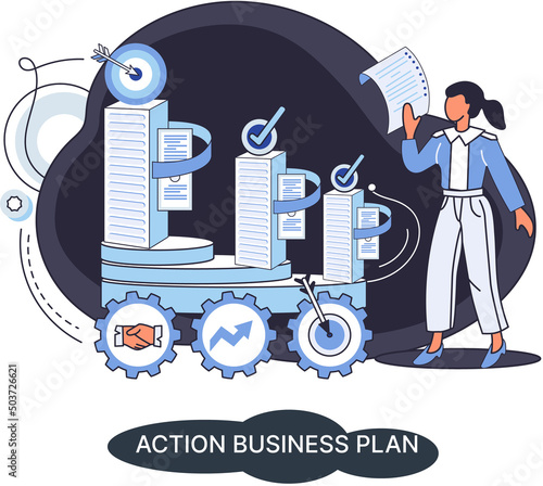 Action business plan, development strategies, foreseeing market risks. Company success secret, idea growing business achieve target metaphor, study production and sales market. Strategic biz planning