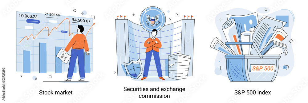 Stock market trading platform for investments. Securities and exchange commission metaphor business investment. Area for earning and crowdfunding. Transactions and exchange of money. SP 500 index, SPX - obrazy, fototapety, plakaty 