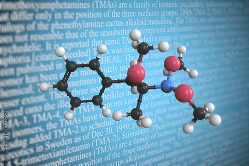 Trimethoxyamphetamine scientific molecular model, 3D rendering