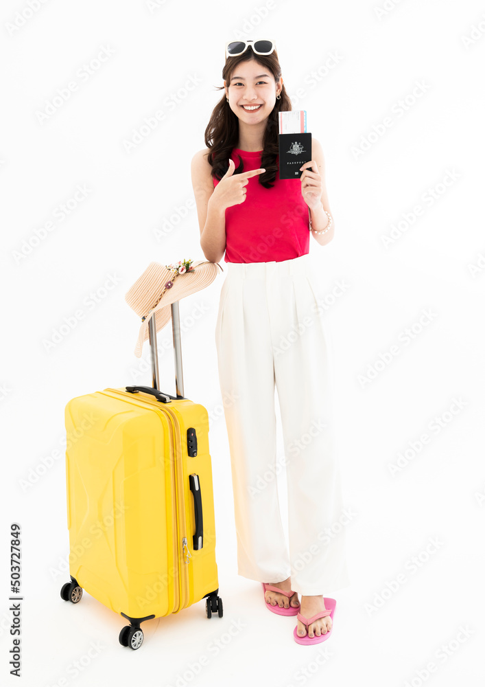 Asian couples in Thailand are preparing to travel. Both were very excited, glad to go on vacation. isolate on white background Asian couples in Thailand are preparing to travel. Both were very excited, glad to go on vacation. isolate on white background