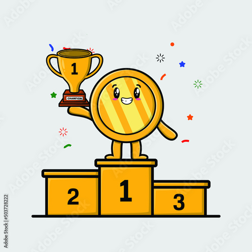 Cute cartoon gold coin as the first winner with happy expression in 3d modern style design