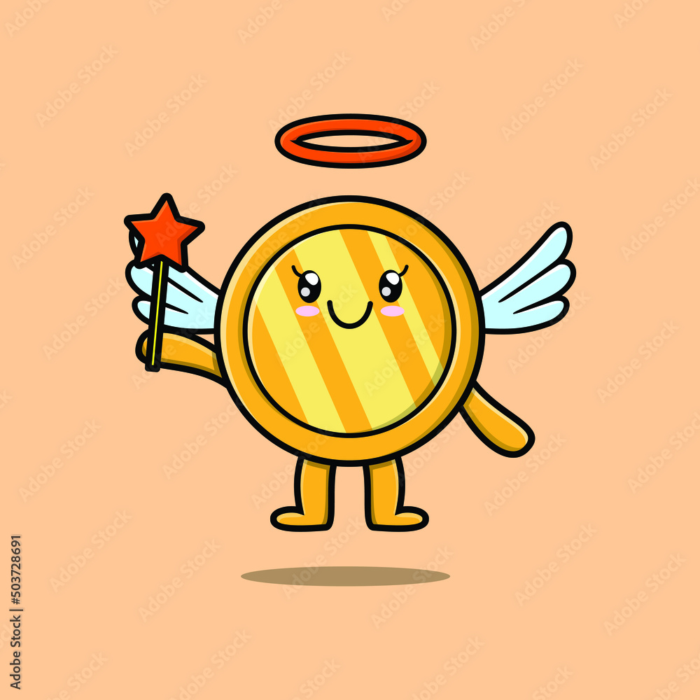 Cute Cartoon gold coin character in the form of fairy in 3d cartoon style concept