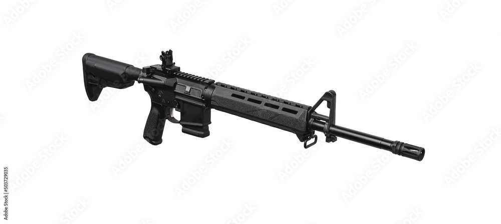 Modern automatic rifle isolated on white. Weapons for police, special forces and the army. Automatic carbine with mechanical sights. Modern automatic rifle isolated on white. Weapons for police, special forces and the army. Automatic carbine with mechanical sights.