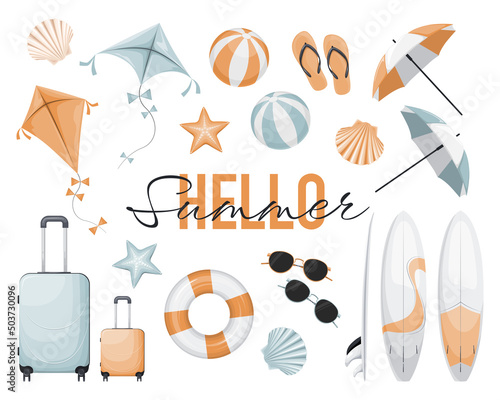 Set of blue and orange summer beach icons with surfboards, baggage, seashells, beach balls, umbrella, kites and sign
