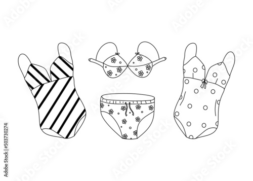 Set Clothes  for the beach. Swimwear for the beach and pool, doodle. Hello summer.  Clothes and shoes for the beach. Vector illustration on a white isolated background.