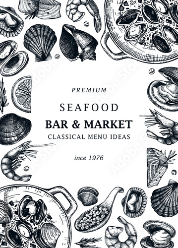 Hand-drawn seafood and fish vector menu template. Hand sketched cooked sea food illustrations. Vintage shellfish hand-drawing. Mollusks and shrimps card or banner design in sketched style.