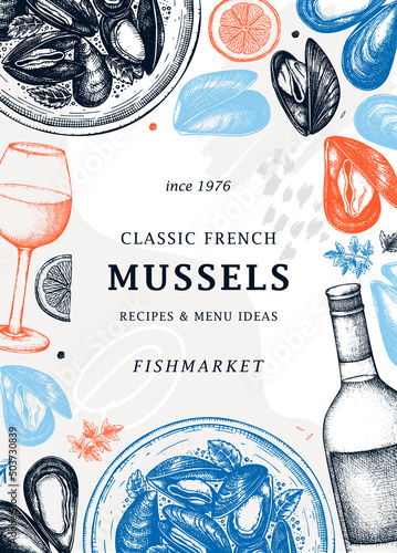 Hand-drawn mussels trendy menu template. Hand sketched cooked sea food illustrations. Collage with shellfish hand-drawing. Mussles card or banner design in sketched style.