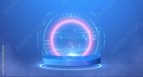 Hi-tech blue futuristic circle 3D stage with smoke. HUD hologram projector, podium. Blank Hologram for show your product. Circle technology portal. Vector illustration