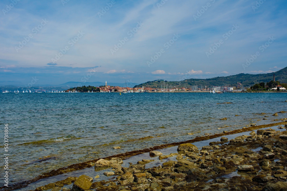 A rocky beach on the Adriatic coast of Slovenia near Izola. The town of Izola is in the background
A rocky beach on the Adriatic coast of Slovenia near Izola. The town of Izola is in the background