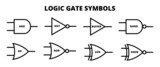 Vector set of logic gate symbols, symbols for logic gates. AND, NOT, Buffer, NAND, OR, NOR, XOR, XNOR. Line or outline black and white icons isolated on a white background. Digital logic gates.