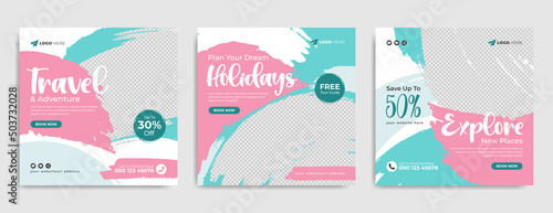Travel sale social media post or web banner. Summer beach holiday promotion flyer with agency logo and icon. Traveling business marketing poster. Travelling banner with abstract digital background.