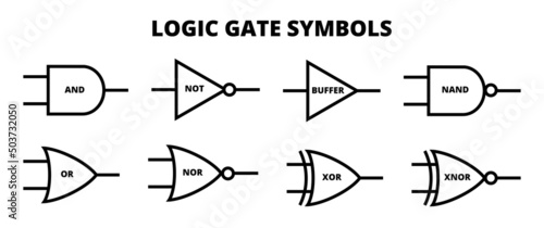 Vector set of logic gate symbols, symbols for logic gates. AND, NOT, Buffer, NAND, OR, NOR, XOR, XNOR. Line or outline black and white icons isolated on a white background. Digital logic gates. photo