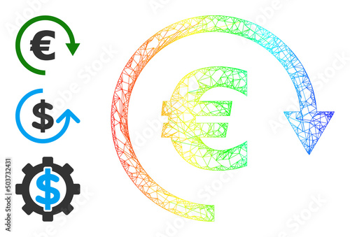 Rainbow gradient network Euro repay. Crossed carcass flat network geometric image based on Euro repay icon, created with crossed lines. Colorful network icon.