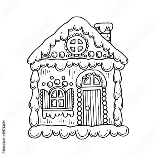 Christmas gingerbread house vector coloring page. Sweet festive cookies with decorations. Hand drawn line art winter illustration. Happy holiday. Coloring book for children and adults.