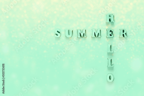 Hello Summer - text from letters on red background. Greeting summer and warmth. New season.