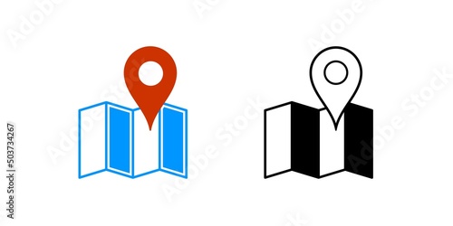 Map Pin Location Marker Sign Vector Illustration Set Black Outline and Color Isolated on White