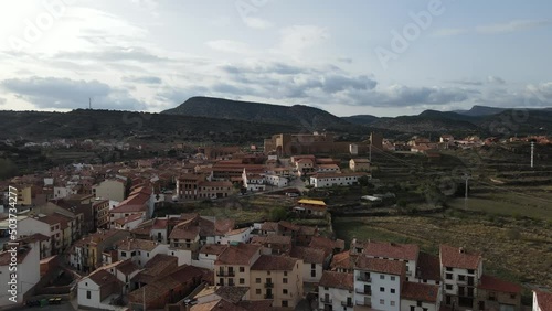 Aerial views from Mora de Rubielos, Teruel, Aragón, Spain. Drone views from Mora de Rubielo's Town on the sunset.