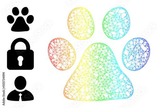 Spectral colorful network paw print. Crossed frame 2d network abstract symbol based on paw print icon, generated with crossed lines. Colorful net icon.