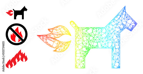 Spectrum colored net mesh fire jet dog. Wire frame flat network geometric symbol based on fire jet dog icon, is generated with intersected lines. Colored wire frame icon.