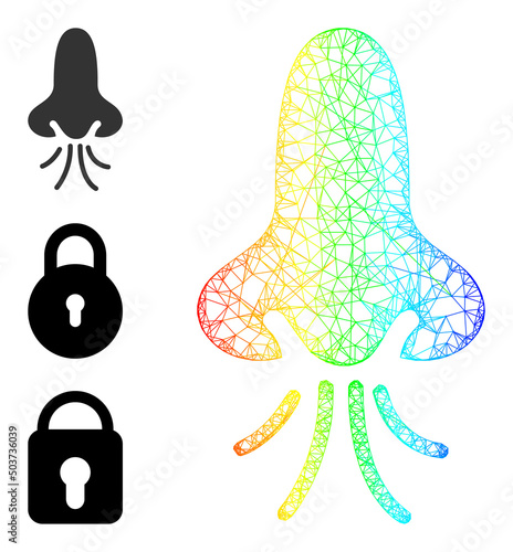 Spectral colorful crossing mesh nose snuff. Crossed frame flat net geometric symbol based on nose snuff icon, is created with crossed lines. Colorful crossing mesh icon.