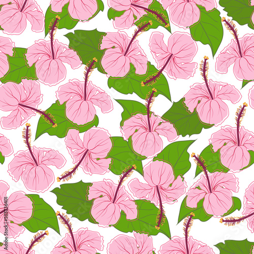 Tropical hibiscus flower seamless pattern. Pink hibiscus loopable pattern. Pink decorative exotic flowers vector illustration