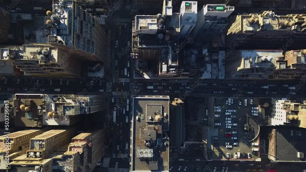 Aerial view above quiet streets in Midtown, New York, USA - birds eye, drone shot Aerial view above quiet streets in Midtown, New York, USA - birds eye, drone shot