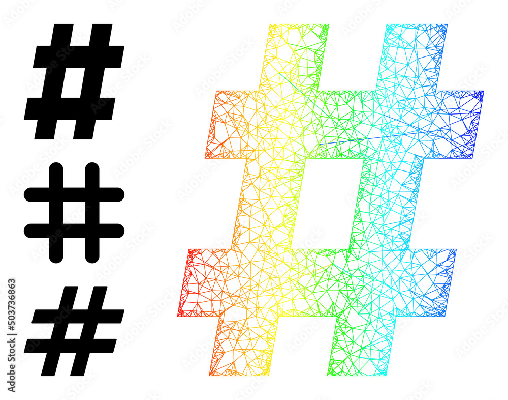 Fototapeta premium Spectral colorful net hashtag. Wire frame 2d net abstract symbol based on hashtag icon, is generated with intersected lines. Bright wire frame icon.