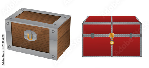 Realistic wooden gold chests. illustration of a various antique wooden chest. treasure box isolated on white background.

