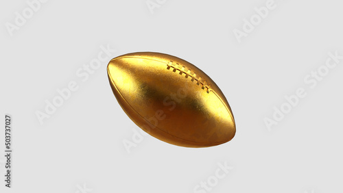 A golden football floats in the air. 3D rendering illustration. Rugby football with shiny gold leaf. Promote a sporting event or football game. photo