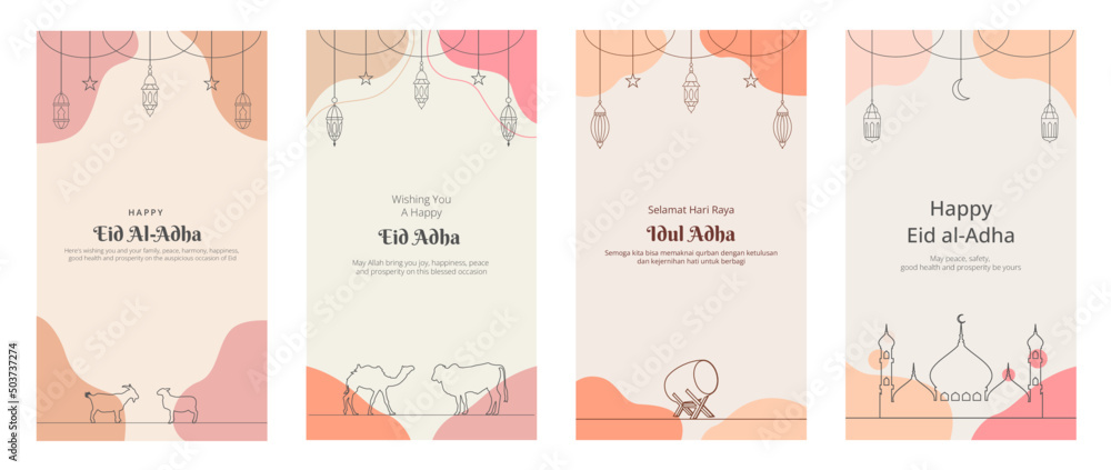 Set Eid al Adha Social Media Post Template. Idul Adha Greeting Card Vector Illustration Pastel Background