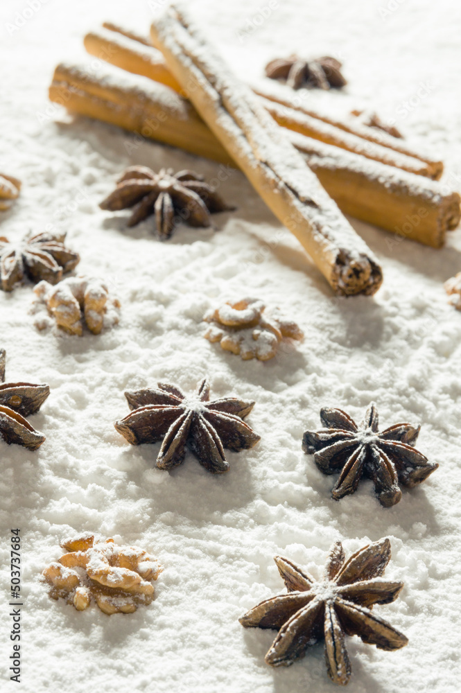 Dry cinnamon, star anise and wallnuts in icing sugar as snow Dry cinnamon, star anise and wallnuts in icing sugar as snow