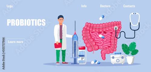 Gastroenterology concept vector. Large and small intestine doctors examine, treat dysbiosis. Gastroenterologist looks through at harmful bacteria.