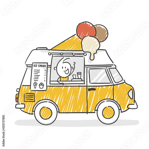 Strichfiguren / Strichmännchen: Eiswagen, Foodtruck, Eismann. (Nr. 825)