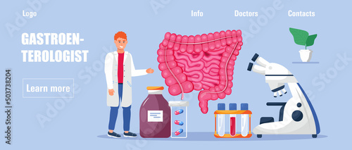 Gastroenterology concept vector. Large and small intestine doctors examine, treat dysbiosis. Gastroenterologist looks through at harmful bacteria.