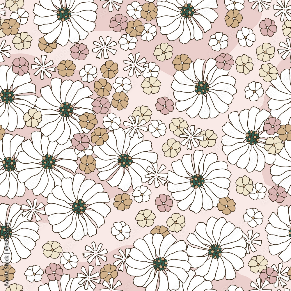 Fototapeta premium Floral seamless pattern in retro style. Hand drawn c chamomile blossom vintage texture. Great for fabric, textile, wallaper. Vector illustration
