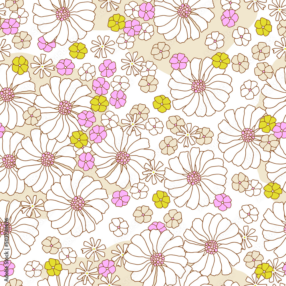 Floral seamless pattern in retro style. Hand drawn blossom vintage texture. Great for fabric, textile, wallpaper. Vector illustration